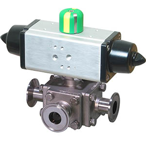 30D Series sanitary 3-way ball valve with dual scotch yoke spring return pneumatic actuator
